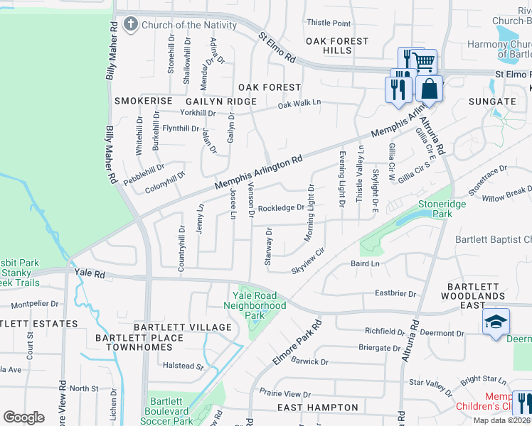 map of restaurants, bars, coffee shops, grocery stores, and more near 6215 Rockledge Drive in Memphis