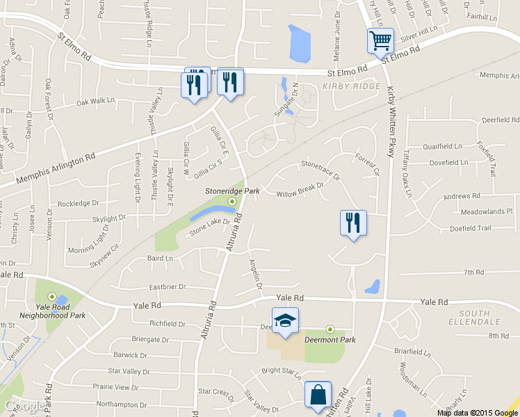 map of restaurants, bars, coffee shops, grocery stores, and more near 3520 Curbstone Cove in Memphis