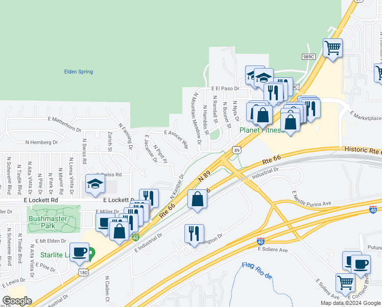 map of restaurants, bars, coffee shops, grocery stores, and more near 3770 East Avocet Way in Flagstaff