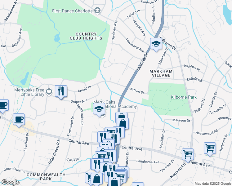map of restaurants, bars, coffee shops, grocery stores, and more near 2708 Eastway Drive in Charlotte