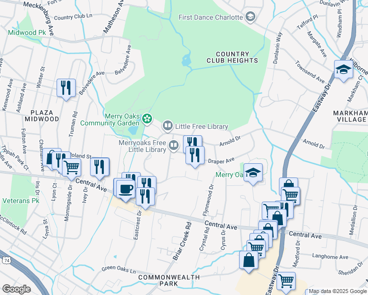 map of restaurants, bars, coffee shops, grocery stores, and more near 1904 Graybark Avenue in Charlotte