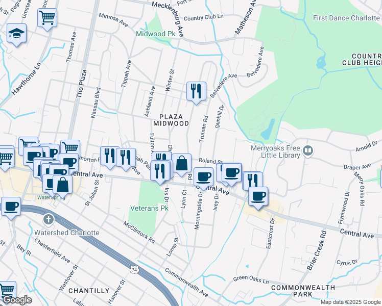 map of restaurants, bars, coffee shops, grocery stores, and more near 1711 Club Road in Charlotte