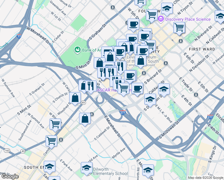 map of restaurants, bars, coffee shops, grocery stores, and more near 615 South College Street in Charlotte
