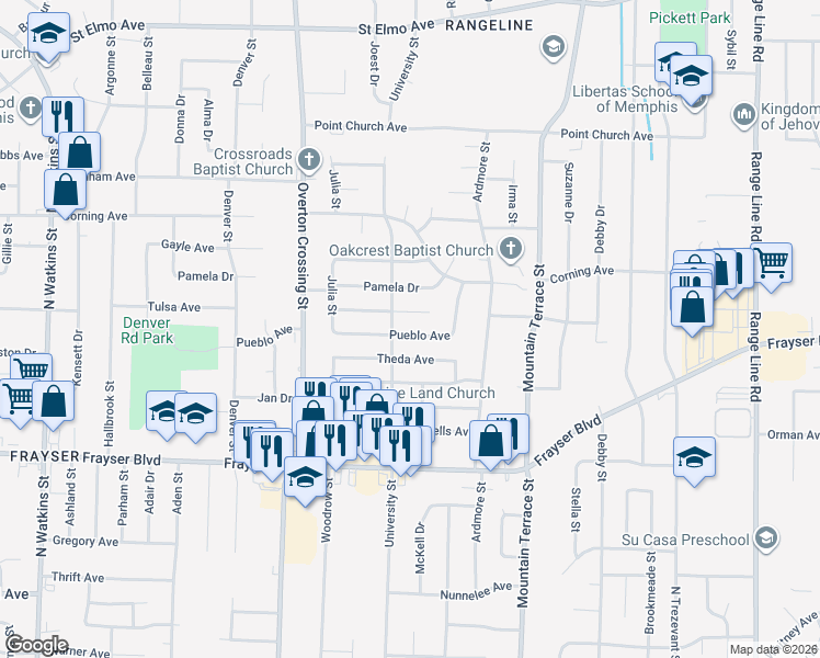 map of restaurants, bars, coffee shops, grocery stores, and more near 2218 Pueblo Avenue in Memphis