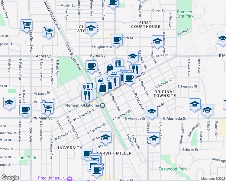 map of restaurants, bars, coffee shops, grocery stores, and more near 200 East Main Street in Norman