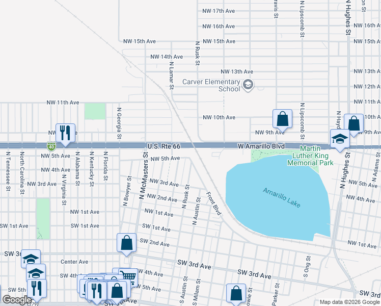map of restaurants, bars, coffee shops, grocery stores, and more near 2308 Front Boulevard in Amarillo