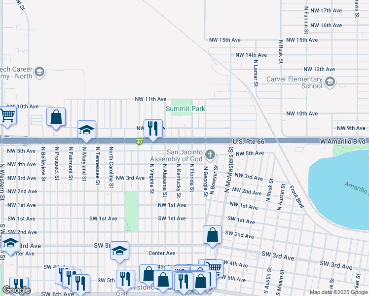 map of restaurants, bars, coffee shops, grocery stores, and more near 2806 Northwest 5th Avenue in Amarillo