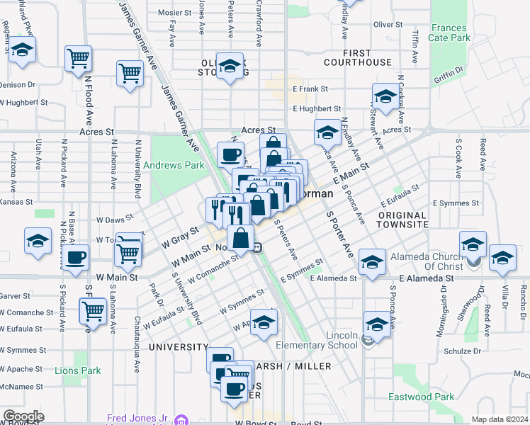 map of restaurants, bars, coffee shops, grocery stores, and more near in Norman