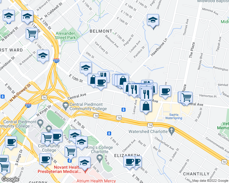 map of restaurants, bars, coffee shops, grocery stores, and more near Central Ave & Oakland Ave in Charlotte