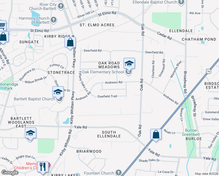 map of restaurants, bars, coffee shops, grocery stores, and more near 6974 Meadowlands Place in Bartlett