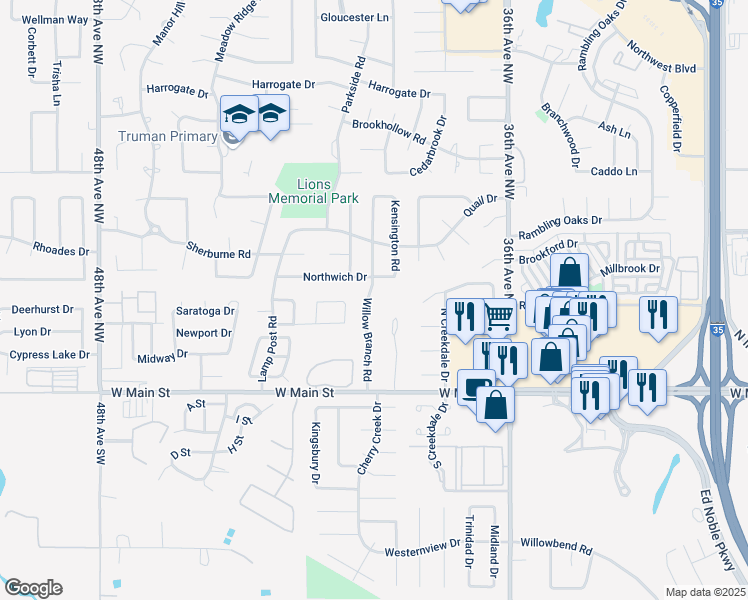map of restaurants, bars, coffee shops, grocery stores, and more near 305 Willow Branch Road in Norman