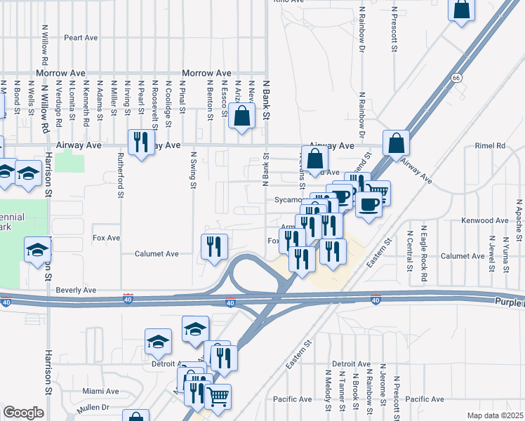 map of restaurants, bars, coffee shops, grocery stores, and more near 3355 North Bank Street in Kingman