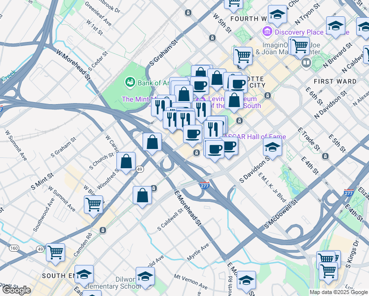 map of restaurants, bars, coffee shops, grocery stores, and more near 615 South College Street in Charlotte