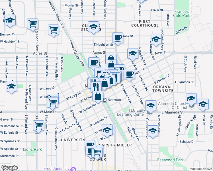 map of restaurants, bars, coffee shops, grocery stores, and more near in Norman
