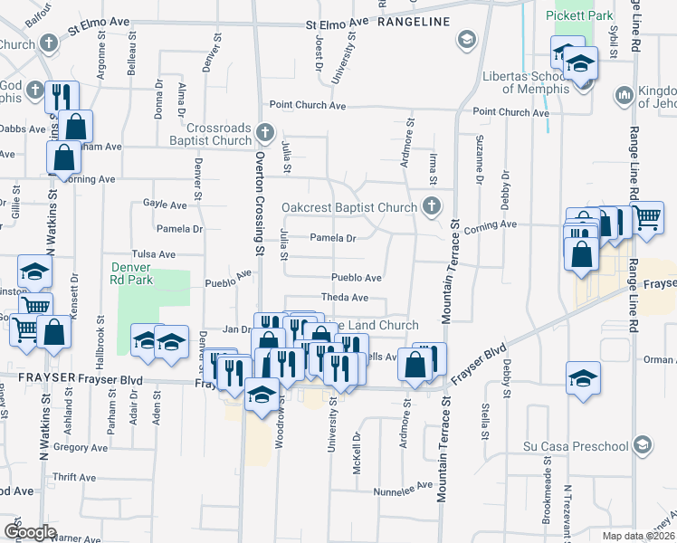 map of restaurants, bars, coffee shops, grocery stores, and more near 2218 Pueblo Avenue in Memphis