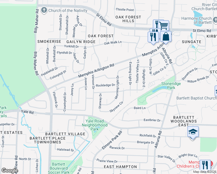 map of restaurants, bars, coffee shops, grocery stores, and more near 6255 Rockledge Dr in Memphis