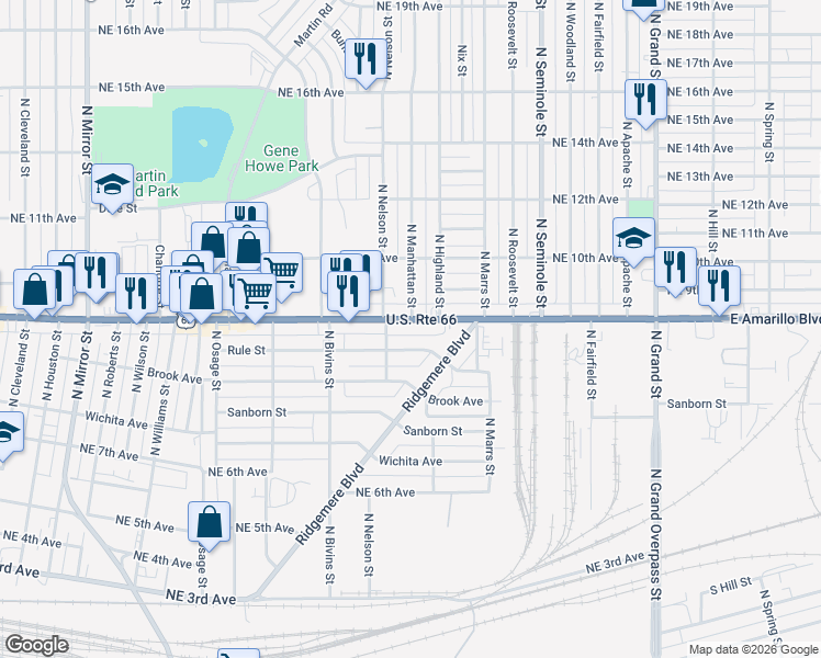map of restaurants, bars, coffee shops, grocery stores, and more near 2802 East Amarillo Boulevard in Amarillo