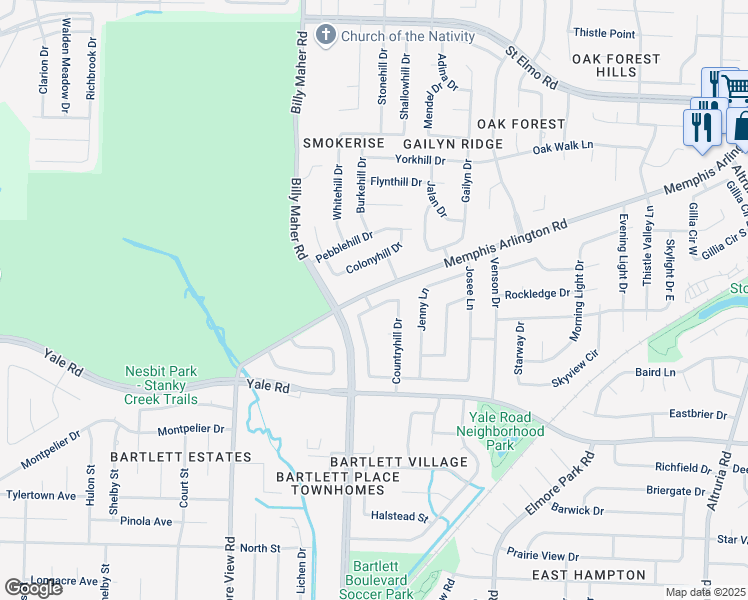map of restaurants, bars, coffee shops, grocery stores, and more near 6034 Bartley Ridge Drive in Bartlett