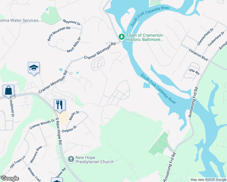map of restaurants, bars, coffee shops, grocery stores, and more near 205 Meyers Ridge Road in Cramerton