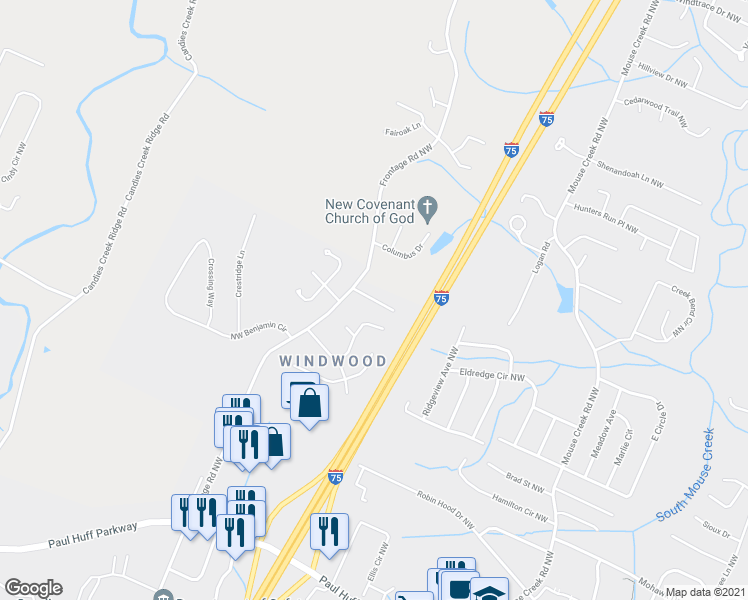 map of restaurants, bars, coffee shops, grocery stores, and more near Northwest Elijah Way in Cleveland