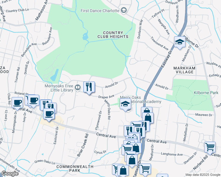map of restaurants, bars, coffee shops, grocery stores, and more near 2326 Arnold Drive in Charlotte