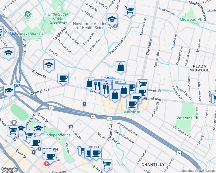 map of restaurants, bars, coffee shops, grocery stores, and more near 1123 Clement Avenue in Charlotte