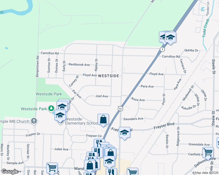 map of restaurants, bars, coffee shops, grocery stores, and more near 1009 Dawn Drive in Memphis
