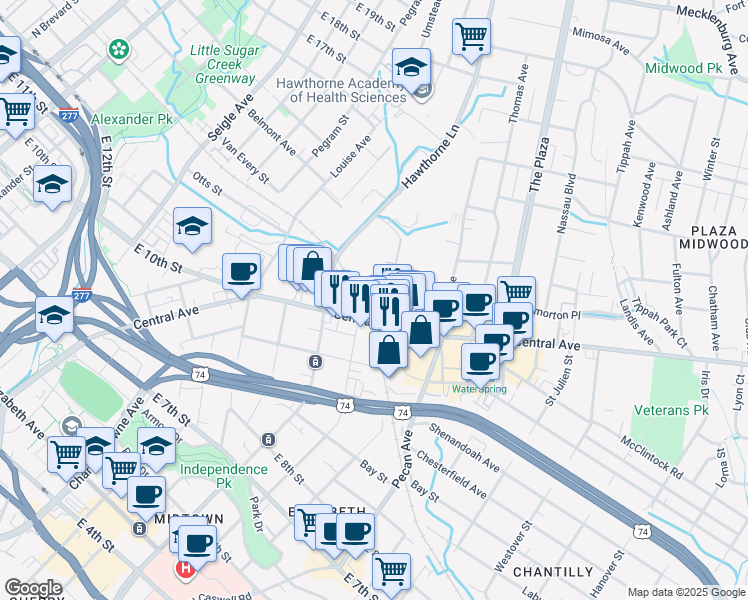 map of restaurants, bars, coffee shops, grocery stores, and more near in Charlotte