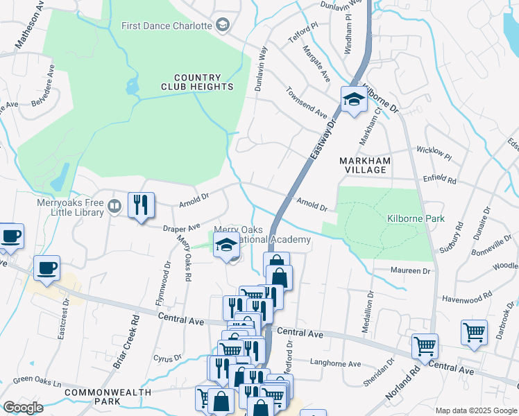 map of restaurants, bars, coffee shops, grocery stores, and more near 2708 Eastway Drive in Charlotte