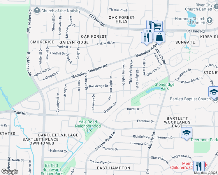 map of restaurants, bars, coffee shops, grocery stores, and more near 3511 Morning Light Drive in Memphis