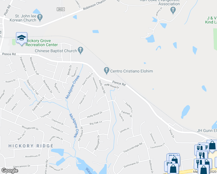 map of restaurants, bars, coffee shops, grocery stores, and more near 7524 Holly Grove Court in Charlotte