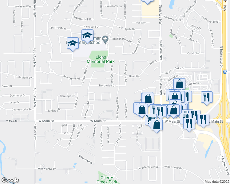 map of restaurants, bars, coffee shops, grocery stores, and more near 312 Willow Branch Road in Norman