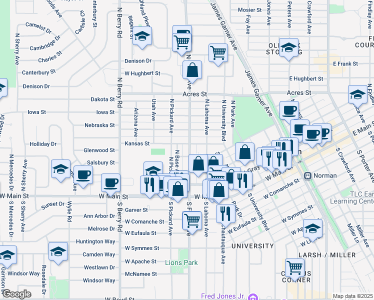 map of restaurants, bars, coffee shops, grocery stores, and more near 414 North Flood Avenue in Norman