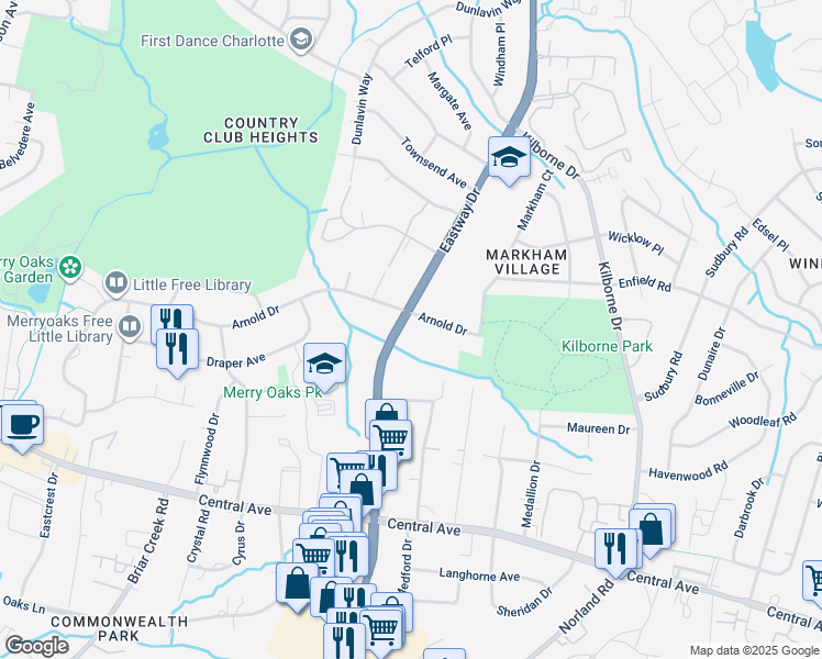 map of restaurants, bars, coffee shops, grocery stores, and more near 2609 Eastway Drive in Charlotte