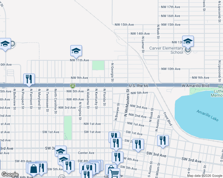 map of restaurants, bars, coffee shops, grocery stores, and more near 2701 West Amarillo Boulevard in Amarillo