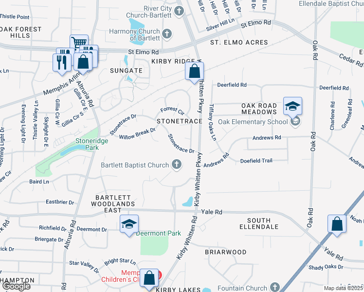 map of restaurants, bars, coffee shops, grocery stores, and more near 6763 Stonetrace Drive in Memphis
