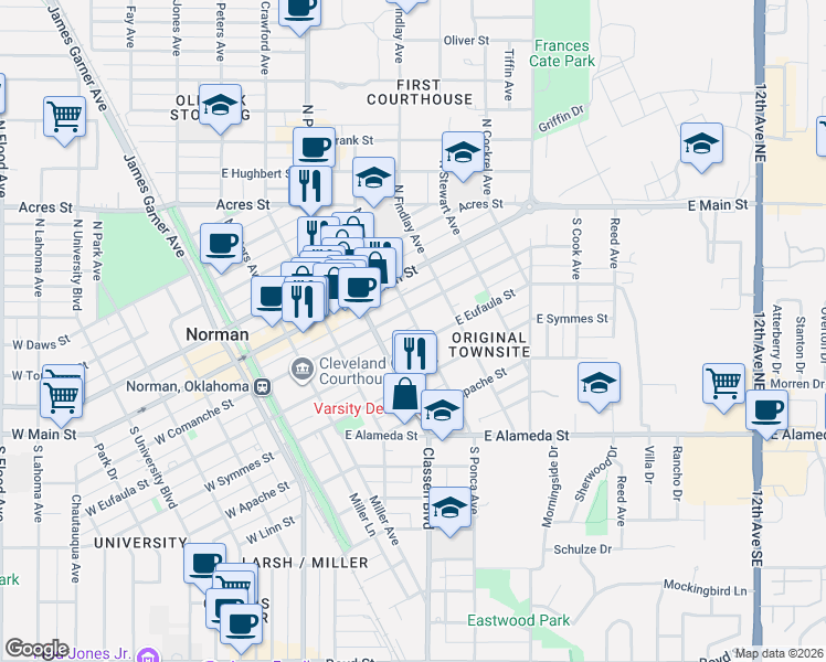 map of restaurants, bars, coffee shops, grocery stores, and more near 425 East Eufaula Street in Norman