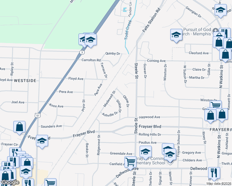 map of restaurants, bars, coffee shops, grocery stores, and more near 3504 Shiloh Drive in Memphis