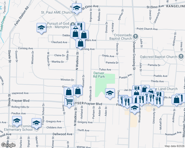 map of restaurants, bars, coffee shops, grocery stores, and more near 3514 Hallbrook Street in Memphis