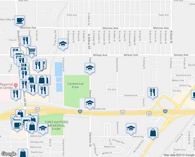 map of restaurants, bars, coffee shops, grocery stores, and more near 3350 Harrison Street in Kingman