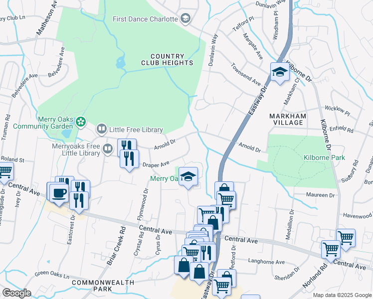 map of restaurants, bars, coffee shops, grocery stores, and more near 3505 Draper Avenue in Charlotte