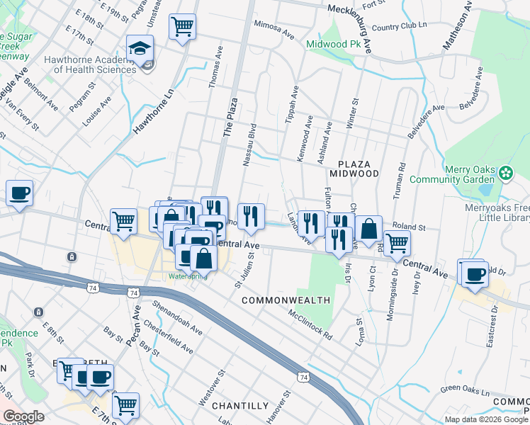 map of restaurants, bars, coffee shops, grocery stores, and more near in Charlotte