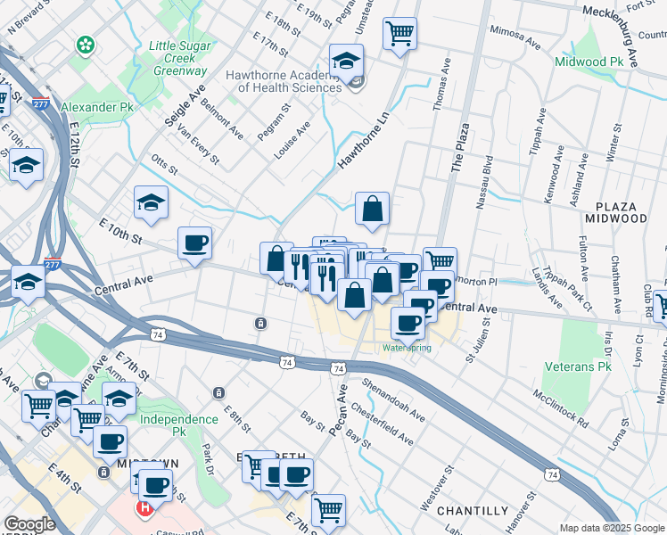 map of restaurants, bars, coffee shops, grocery stores, and more near 1123 Clement Avenue in Charlotte