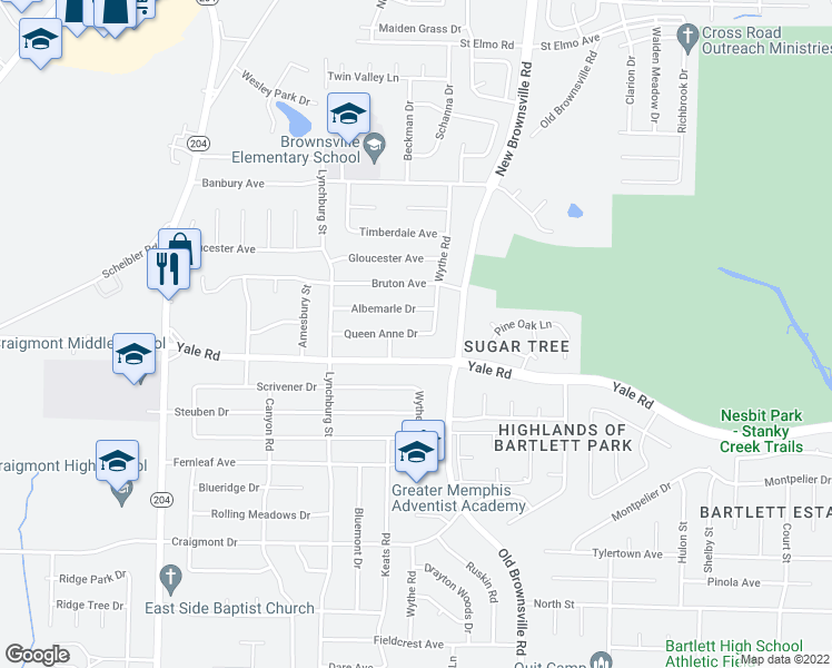 map of restaurants, bars, coffee shops, grocery stores, and more near 5370 Queen Anne Drive in Memphis