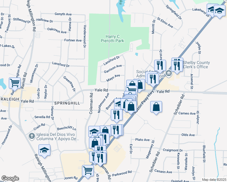 map of restaurants, bars, coffee shops, grocery stores, and more near 4467 Yale Road in Memphis