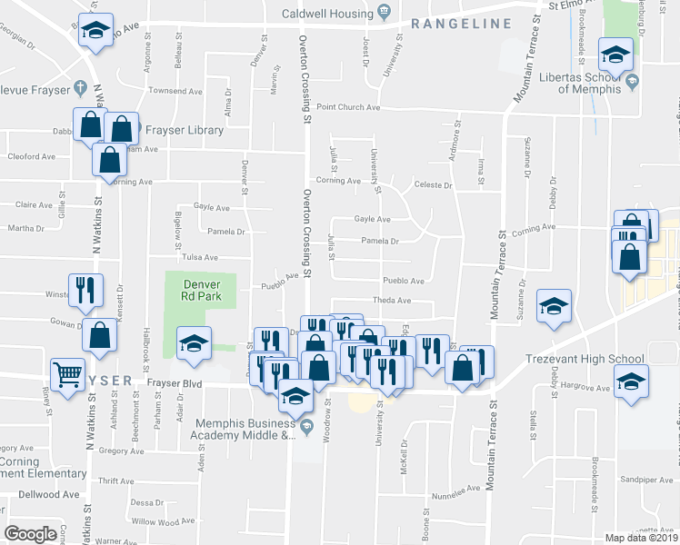 map of restaurants, bars, coffee shops, grocery stores, and more near 2182 Pueblo Avenue in Memphis