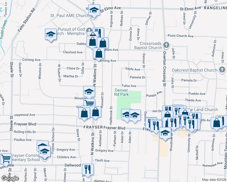 map of restaurants, bars, coffee shops, grocery stores, and more near 3514 Hallbrook Street in Memphis