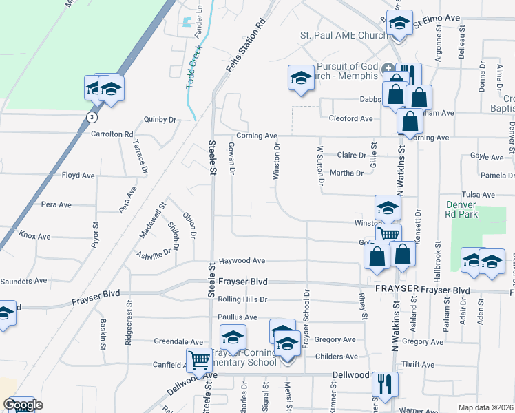 map of restaurants, bars, coffee shops, grocery stores, and more near 3506 Students Street in Memphis