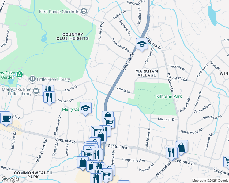 map of restaurants, bars, coffee shops, grocery stores, and more near 2609 Eastway Drive in Charlotte