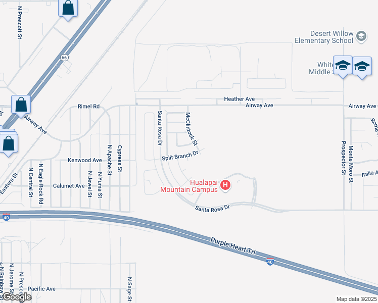 map of restaurants, bars, coffee shops, grocery stores, and more near 3615 Split Branch Drive in Kingman